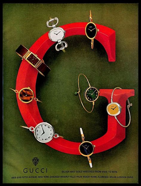 Gucci Advertisement, Gucci Watches, Vintage Photo Prints, G Letter, Gucci Vintage Bag, Shoes Ads, Big G, Watch Ad, Gucci Watch