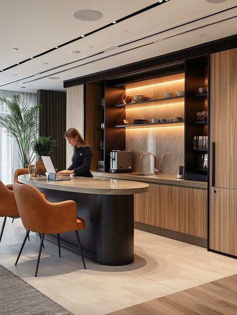 Kitchenette Design Office, Office Pantry Interior Design, Open Workspace Office, Office Pantry Design, Office Cafeteria Design, Workspace Office Design, Luxury Pantry, Office Kitchenette, Open Workspace