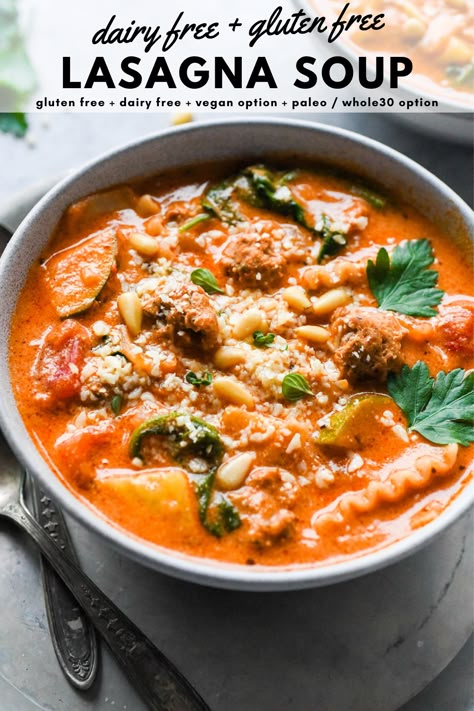 Paleo Lasagna Soup, Make Ahead Gluten Free Meals, Dairy Free Lasagna Soup, Gf Lasagna, Soup Gluten Free Dairy Free, Gluten Free Lasagna Soup, Soups Gluten Free, Gluten Free Lasagna Noodles, Dairy Free Lasagna