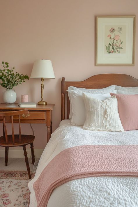 Bm Meadow Pink, Pink Grandmacore Bedroom, Rich Pink Bedroom, Pink Bedroom Dark Furniture, Dark Wood And Pink Bedroom, Decorating Master Bed, Light Pink Wall Color Bedroom, Pink Floral Girls Bedroom, Feminine Farmhouse Bedroom