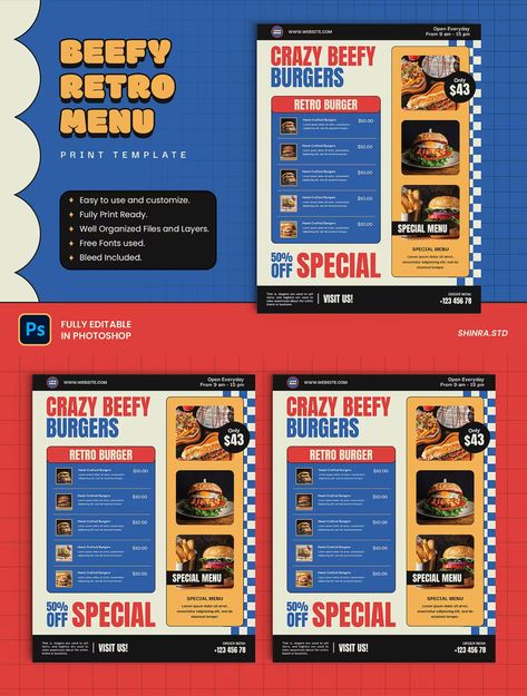 Beefy Retro Menu Template PSD Food Menu Graphic Design, Sandwich Menu Design, Retro Menu Design, Menu Food Design, Menu Layout Design, Restaurant Menu Design Ideas, Pizza Menu Design, Menu Design Layout, Burger Sandwich