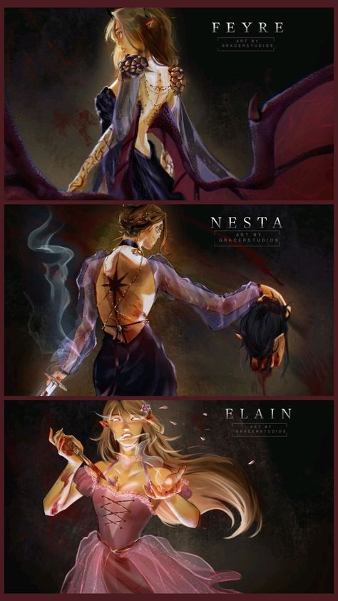 art by @gracerstudios  #acotar  #acourtofthornsandroses  #feyrearcheron  #nestaarcheron  #elainarcheron Freye Archeron, Acotar Second Trial, Nesta Archeron And King Of Hybern, Archeron Sisters Fanart, Acotar Illyrian Wings, Windhaven Acotar, Acator Series Fan Art, Feysand Nyx Fanart, Nesta Acotar Fanart