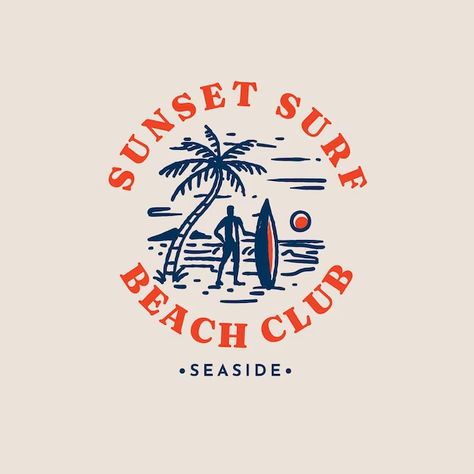 Free Vector | Hand drawn beach club logo design Hand Drawing Video, Surf Shop Logos, Athletic Fonts, Tennis Logo, Concept Moodboard, California Logo, Sunset Logo, Christian Clothing Brand, Surf Logo