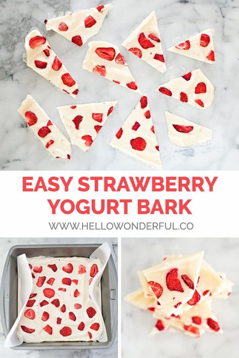 EASY KID SNACK: STRAWBERRY YOGURT BARK Strawberry Yogurt Bark Recipe, Easy Kid Snack, Yogurt Bark Recipe Frozen, Strawberry Yogurt Bark, Yogurt Bark Recipe, Strawberry Frozen Yogurt, Frozen Yogurt Bark, Healthy School Snacks, Easy Snacks For Kids