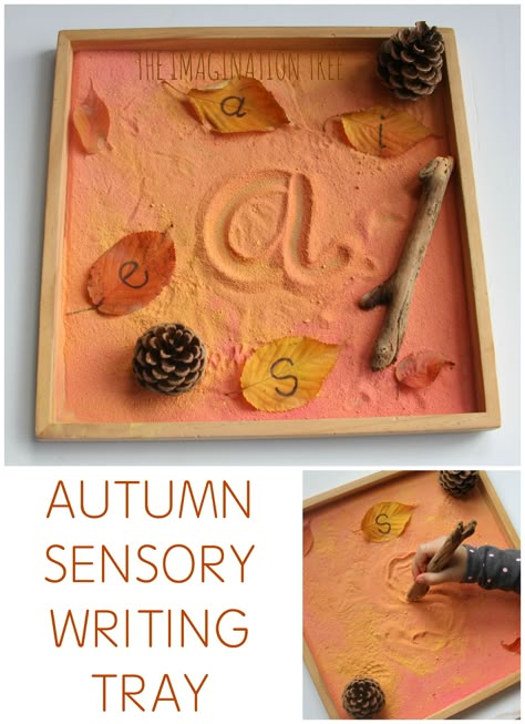 Make an Autumn themed sensory writing tay for mark making, letter formation and learning sight words! A fun fall themed literacy activity for preschoolers Autumn Writing, Autumn Eyfs, Sensory Writing, Candles Centerpieces, Imagination Tree, Fall Preschool Activities, Eyfs Activities, Tree Study, Nursery Activities