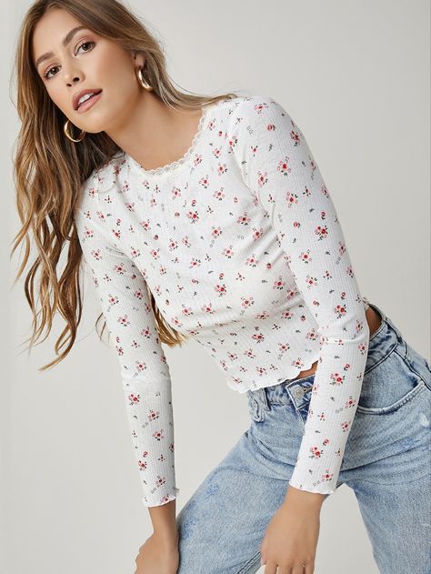 Ditsy Floral Top, Floral Long Sleeve Shirt, White Floral Top, Long Sleeve Floral Top, Floral Tee, Floral Outfit, Floral Print Shirt, Women T Shirts, Shein Tops