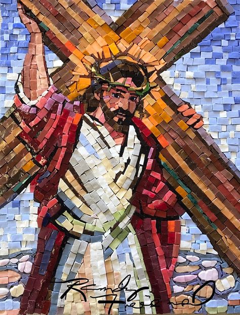 Mosaic Glass -Stations of the Cross- made to order by Randy Friemel, Glass, 18 x 14 Mosaic Painting, Jesus Christ Painting, Jesus Christ Artwork, Mosaic Tile Art, Mosaic Crosses, Jesus Photo, Catholic Images, Christian Prints, Stations Of The Cross