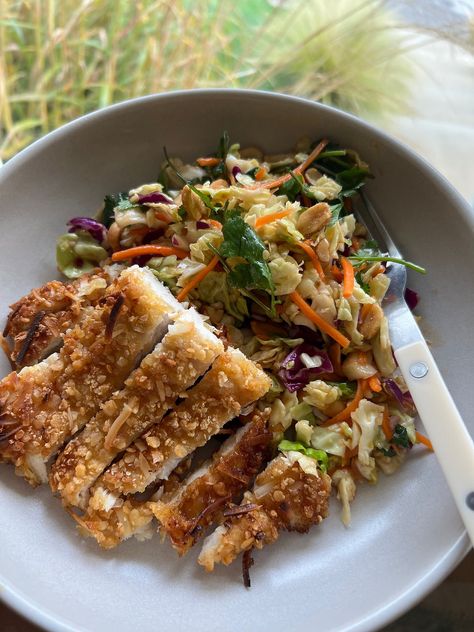 Coconut Crusted Chicken with Thai Slaw Thai Slaw, Coconut Crusted Chicken, Chicken Breast Cutlet, Peanut Dipping Sauces, Gf Flour, Healthy Weeknight Dinners, Coconut Chicken, Thai Coconut, Cabbage Slaw