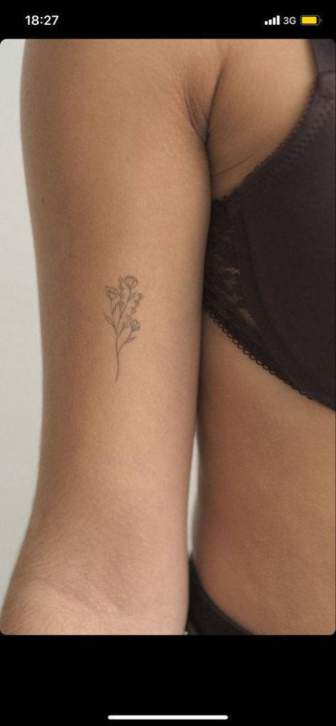 Women Inked Goddess Tattoo Placement Ideas Flowers, Small Flower Tattoo Placement Ideas, Forearm Dainty Tattoo Women, Small Fine Line Tattoo Women Arm, Small Flower Arm Tattoo, Dainty Bicep Tattoos For Women, Cute Small Arm Tattoos, Flower Tattoo Placement For Women, Flower Dainty Tattoo