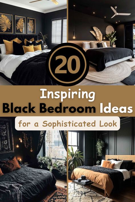 Looking for a bedroom makeover? These elegant Black Bedroom Ideas combine modern style with cozy comfort. Explore unique designs like matte black walls, velvet headboards, and metallic accents for a chic, timeless look. #BlackBedroomIdeas #HomeDecor #InteriorDesign #BedroomInspiration #ModernBedrooms Master Bedrooms Monochrome, Black Bedroom Vaulted Ceiling, Dark Oak And Black Bedroom, Black Textured Wallpaper Bedroom, Master Bedrooms Black Bed Frame, Black Wall Master Room, Black Walls With Curtains, Black Bedroom Ideas For Small Rooms, Bedroom With Black Walls Room Ideas