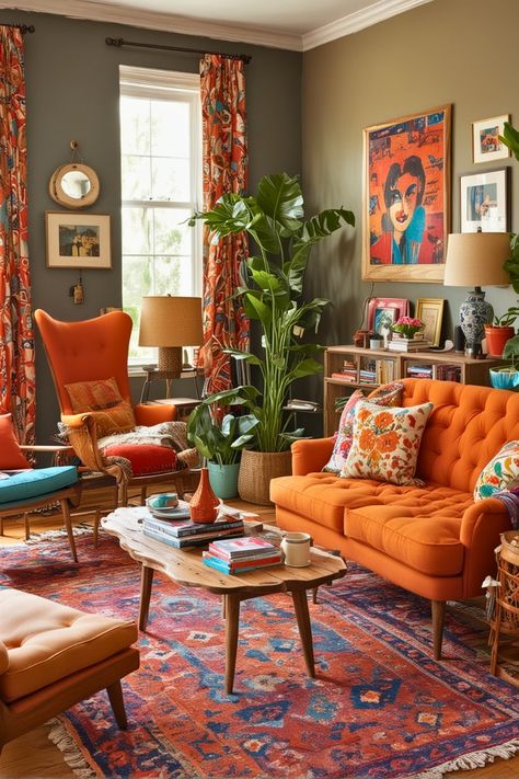 25 Vibrant Living Room Styles That Will Make Your Friends Jealous – The Crafty Hacks Colorful Boho Living Room, 70s Living Room, Cozy Living Room Design, Vibrant Living Room, Living Room Styles, Living Room Orange, Room Styles, Casa Vintage, Colourful Living Room