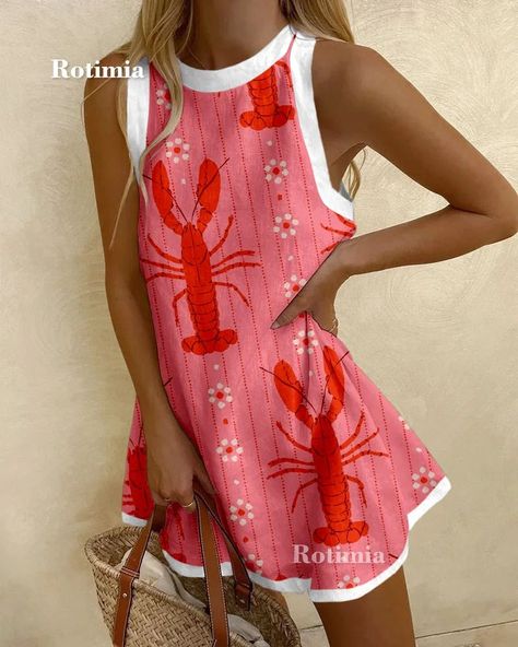 Stylish Lobster Print Wave Edge Mini Dress Lobster Print, Cotton Linen Dresses, Sleeveless Short Dress, Fish Print, Dress Picture, Y2k Style, Linen Dress, Fashion Prints, Bohemian Style