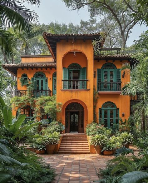 Mexican Architecture House, Eccentric House Exterior, Hacienda Style Exterior, Colorful Mexican House, Mexican Home Exterior, Magical Minecraft, Mexican House Exterior, 70s House Exterior, Barnodium Homes