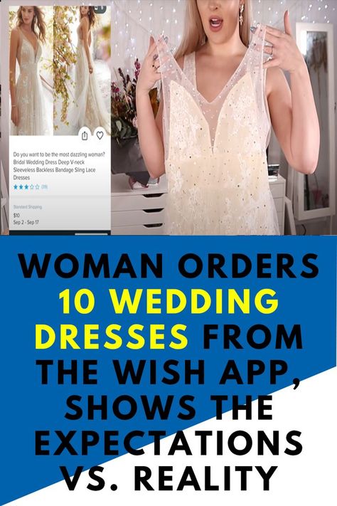 Woman Orders 10 Wedding Dresses From The Wish App, Shows The Expectations Vs. Reality Wish App, Expectations Vs Reality, A Wedding Dress, Dress Order, Backless Wedding Dress, Cheap Wedding Dress, A Wedding, Lace Dress, Wedding Dresses Lace