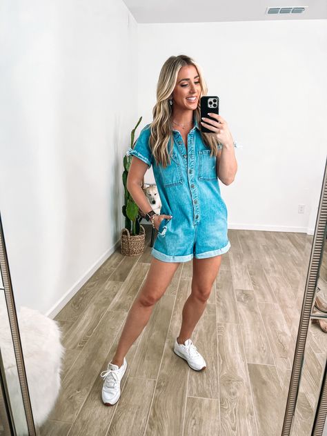 I’ve been living in this romper! A summer staple for your closet. Denim favorites, summer denim, summer romper outfit, romper and sneakers outfit Romper And Sneakers, Romper With Sneakers, Denim Romper Outfit, Edgy Summer Outfits, Summer Romper Outfit, Wedding Guest Outfit Summer, Summer Wedding Outfits, Beachwear Fashion, Summer Denim