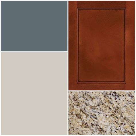 Color scheme for kitchen/living room -- Granite: St. Cecilia -- Cabinets: Cherry wood -- Kitchen Accent: Slate Tile (Sherwin Willams) -- Living Room Neutral: Agreeable Gray (Sherwin Williams) #sherwinwilliamsagreeablegray Color scheme for kitchen/living room -- Granite: St. Cecilia -- Cabinets: Cherry wood -- Kitchen Accent: Slate Tile (Sherwin Willams) -- Living Room Neutral: Agreeable Gray (Sherwin Williams) #sherwinwilliamsagreeablegray Color scheme for kitchen/living room -- Granite: St. Cec Cherry Wood Bathroom Decor, Paint Colors That Go With Cherry Oak Wood, Agreeable Gray And Slate Tile, Cherry Wood Cabinets Paint Colors, Cherry Wood Decor Ideas, Cherry Furniture Living Room, Cherry Cabinets Color Scheme, Cherry Wood Color Scheme, Cherry Office Furniture Decor