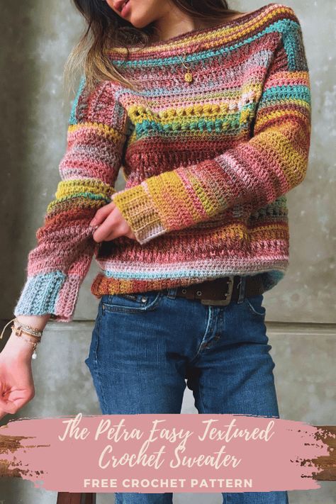 Easy Textured Crochet Sweater Free Pattern - Kiks and Jack Crochet Crochet Sweaters Patterns, Crochet Sweater Free Pattern, Easy Crochet Sweater, Sweater Free Pattern, Diy Crochet Sweater, Triple Crochet, Scrap Yarn Crochet, Knit Clothes, Crochet Sweater Free