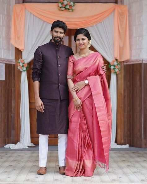 Post Marriage Looks Indian, Suit And Saree Couple Poses, Couple Saree And Kurta, Photo Poses In Suit, Saree Poses With Husband, Engagement Couple Dress Indian, Simple Couple Poses Casual, Poses In Suit, South Indian Couple