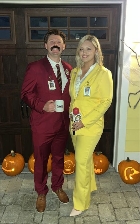 Anchorman couples costume Austin Powers And Foxy Costume, Roy And Keeley Costume, Austin Powers And Dr Evil Costume, 60s Couple Costume, That 70s Show Couples Costume, Couples Halloween Costume Austin Powers, Anchorman Costume, Tv Show Couples Costumes, Anchorman Couples Costume