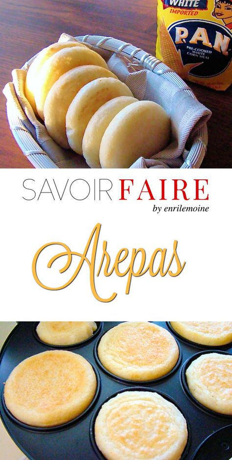 Arepas - SAVOIR FAIRE by enrilemoine Pan Corn Flour Recipes, Corn Flour Recipes, Venezuelan Arepas, Cooked Corn, Arepas Recipe, Venezuelan Food, Colombian Food, 3 Ingredient Recipes, Ham Cheese