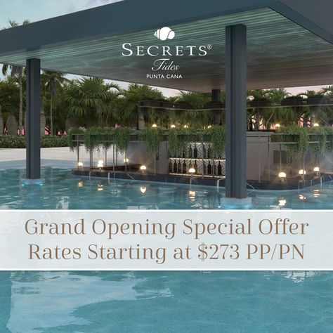 NEW RESORT ALERT! Take advantage of Grand Opening Sale rates starting at just $273 pp/pn. Be one of the first to experience Secrets Tides Punta Cana, opening next month! 🌴 Secrets Tides Punta Cana, Private Lounge, Outdoor Theater, Maid Service, Coastal Retreat, Beach Holiday, Punta Cana, Caribbean Sea, Infinity Pool