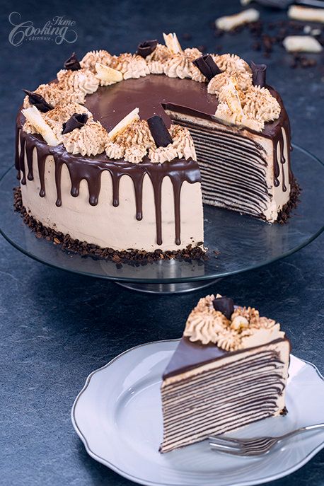 Chocolate Mocha Crepe Cake Crepe Cake Recipe, Chocolate Caramel Slice, Mocha Frosting, Crepes Filling, Chocolate Crepes, Nutella Crepes, Mocha Cake, Chocolate Mocha, Crepe Cake