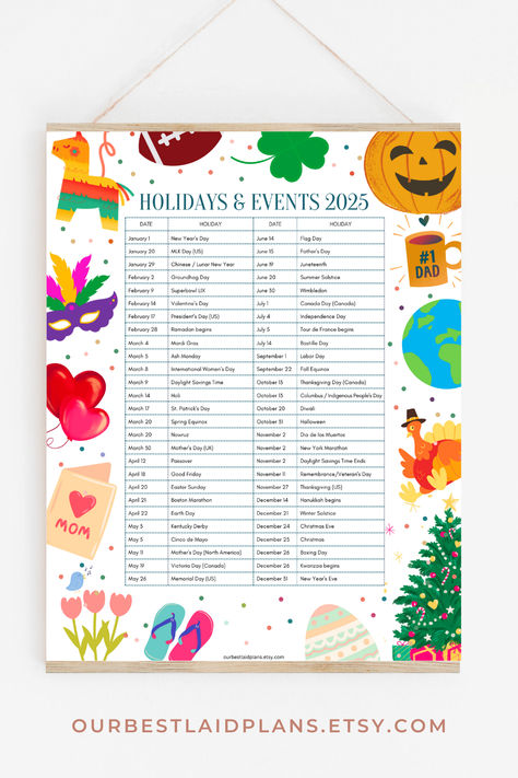 holiday list 2025 printable digital download List Of Holidays, Closed For Holidays, At A Glance Calendar, Holiday Dates, Printable Calendars, Holiday List, 2025 Calendar, Holiday Calendar, New Year New Me