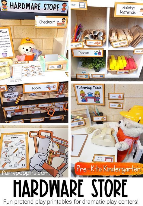 Dramatic Play Stations, Creative Curriculum Building Study Dramatic Play, Hardware Store Dramatic Play, Tools Dramatic Play, Construction Dramatic Play, Theatre Activities, Dramatic Play Centers Preschool, Store Dramatic Play, Fairy Poppins