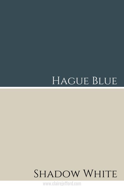 Hague Blue & Shadow White. Farrow & Ball Hague Blue paint colour is rich and luxurious, as are many hues from Farrow & Ball. Learn More about the undertones, best whites to pair with Hague Blue and perfect colour combinations to use in your home. Post by Claire Jefford. #farrowandball #farrowandballpaint #hagueblue #bluepaint #greenpaint #colorcombinations Hague Blue Feature Wall, Shadow White Farrow And Ball Bedroom, Hague Blue Bedroom Ideas, Farrow And Ball Hague Blue Living Rooms, Hague Blue Color Palette, Hague Blue Staircase, Shadow White Farrow And Ball Living Room, Hague Blue Office, Hague Blue Complimentary Colours