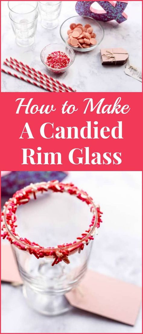 Candied rim glasses make a great addition to Valentine's Day parties and are quick and easy to make. Here's how to make a candied rim glass with just a few supplies. Valentinstag Party, Valentines Inspiration, Valentine's Day Printables, Candy Sticks, Homemade Valentines, Valentine's Day Recipes, Valentines Party, Valentines Day Party, Sweet Breakfast