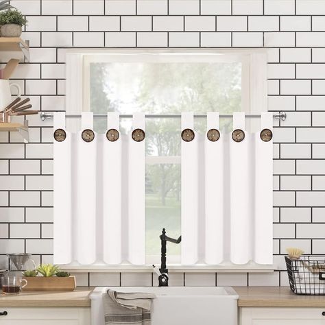 Buy Alishomtll Farmhouse Kitchen Curtains 24 Inch Tab Top Button Cafe Curtains Tier Set ,White ,2 Panels at Walmart.com Kitchen Sink Curtains, Boho Kitchen Curtains, White Kitchen Curtains, Cafe Bathroom, Farmhouse Kitchen Curtains, Small Window Curtains, Kitchen Curtain Sets, Decorative Curtain Rods, Bedroom Drapes