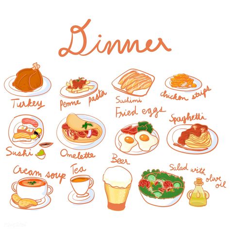 Vector of dinner set collection | free image by rawpixel.com Food Doodles, Food Collection, Cute Food Drawings, Cute Food Art, Food Graphic Design, Food Painting, Drawing Style, Dinner Set, Food Drawing