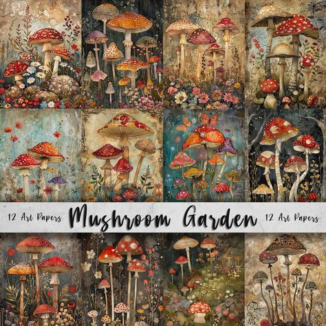 Mushroom Garden Printable Art Pages| Digital Download Paper Set| Quirky Digital Art| Junk Journal| Scrapbooking| DIY Card Making| Gift Idea by DelightfulDigiArt on Etsy Junk Journal Mushrooms, Mushroom Journal Ideas, Matching Bookmarks, Generative Kunst, Art Junk Journal, Diy Card Making, Mushroom Garden, Mushroom Art, Scrapbooking Diy