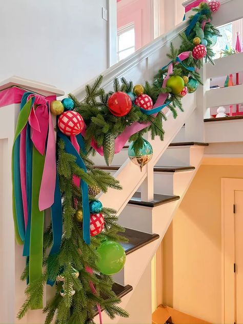 Christmas Decoration Ideas Designers Swear By Whimsical Garland Christmas, Christmas Decor Ideas Maximalist, Maximalist Christmas Decor, Colorful Christmas Garland, Christmas Bannister, Anthro Christmas, Disco Christmas, Christmas Stairs Decorations, Christmas Deco Ideas