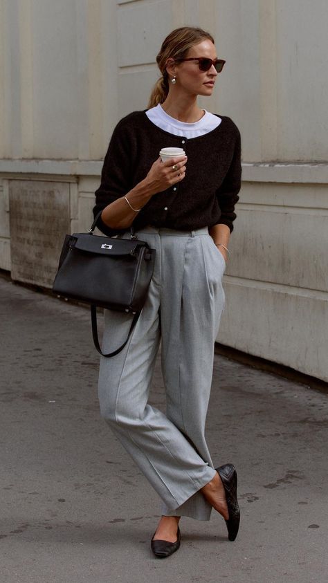 If you're looking for new ways to wear your favourite French girlâapproved pumps, here are six ballet flat outfits to try now. Light Grey Trousers Outfit, Light Grey Pants Outfit, Black Flats Outfit, Grey Trousers Outfit, Cropped Cardigan Outfit, Crop Cardigan Outfit, Grey Pants Outfit, Pumps Outfit, Anouk Yve