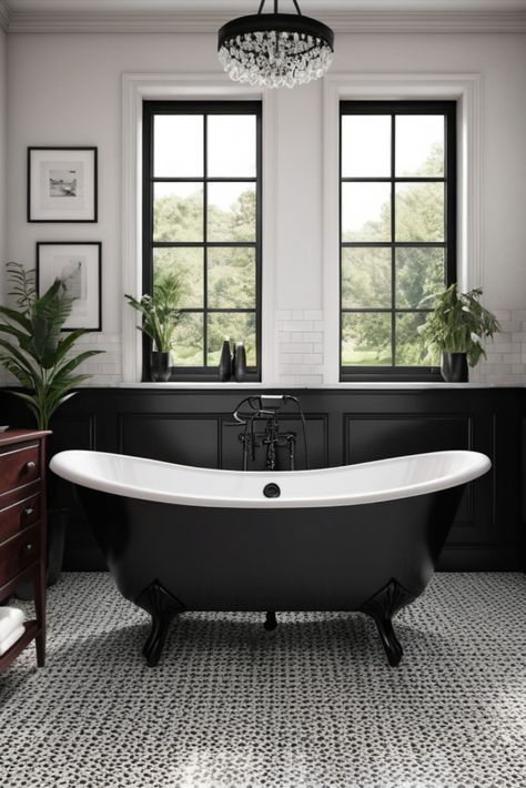 Where classic meets contemporary: this stunning fusion bathroom features dark mahogany furniture and a statement black clawfoot tub. Timeless elegance redefined. #VictorianModern #ClawfootTub #LuxuryBathroom Old Clawfoot Tub Bathroom, Black Bath Tub Bathroom, Black Clawfoot Tub Bathroom, Black Claw Foot Tub, Claw Tub, Black Clawfoot Tub, Clawfoot Tub Bathroom, Claw Tubs, Hale House