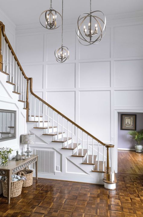 Tall Ceiling Foyer Entryway, Entryway Tall Ceilings, Foyer Molding Two Story, Foyer Wallpaper Ideas, Foyer Wainscoting Entryway, Entryway Ceiling Ideas, High Ceiling Foyer Ideas Entryway, Tall Foyer Ideas Entryway, Stairway Molding