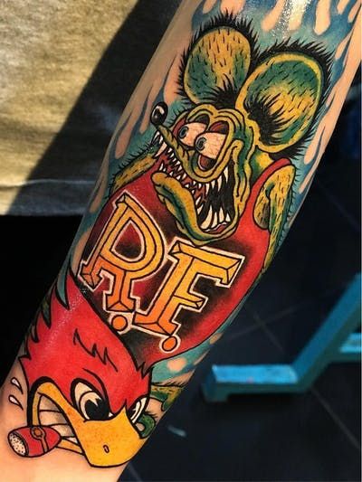 Tattoo uploaded by Tattoodo | Rat Fink tattoo by Gogh Gogh #GoghGogh #RatFinktattoos #RatFinktattoo #RatFink #color #KustomKulture #rockabilly #hotrod #hotrodtattoo | 970090 | Tattoodo Rat Fink Tattoo, Rockabilly Tattoo Sleeve, Rockabilly Tattoos, Hot Rod Tattoo, Best Cover Up Tattoos, Rockabilly Tattoo, Inner Bicep Tattoo, Mechanic Tattoo, Biker Tattoos