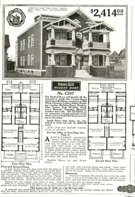 From the 1916 Sears Modern Homes catalog. Sears House Plans, Vintage Floor Plans, Duplex Floor Plans, Vintage Apartment, New Urbanism, Small Cottage Homes, 1920s House, Dream Mansion, Vintage House Plans