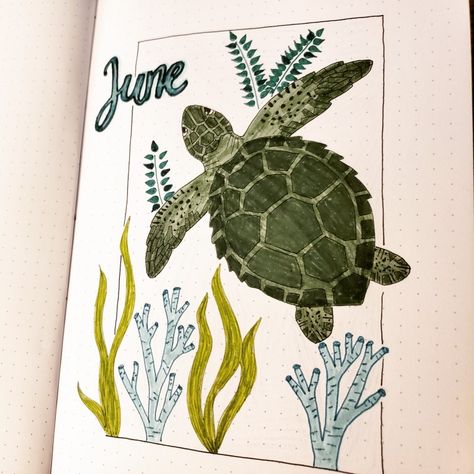 Turtles, june cover Bujo Sea Theme, Bullet Journal Summer, June Bullet Journal Cover Ideas, Marine Biology Journal Cover, Beach Bullet Journal, Ocean Bullet Journal, June Bullet Journal, Illustration Art Kids, Bullet Journal Paper