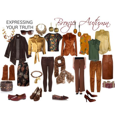 “Bronze Autumn” by expressingyourtruth on Polyvore 3 pants, 2 skirts, 5 tops, 2 jackets, 4 shoes and accessories make a complete wardrobe for a season. #newyearstylechallenge Bronze Autumn, Deep Autumn Color Palette, Deep Autumn, Seasonal Color Analysis, Dark Autumn, Color Me Beautiful, Fall Color Palette, Autumn Clothes, Fashion Capsule