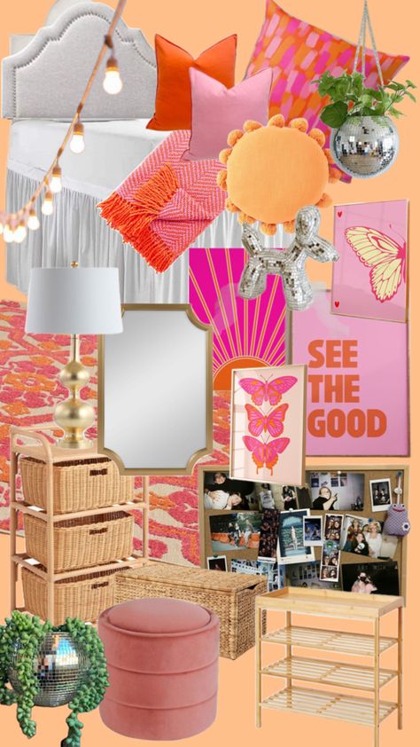 Dorm room theme, orange and pink Orange Room Decor, Dorm Room Themes, Dorm Themes, Pink Dorm Rooms, Cheap Room Decor, Dorm Room Styles, Pink Dorm, Orange Rooms, Room Theme