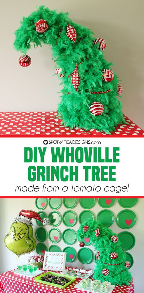 DIY Whoville Grinch Tree - Spot of Tea Designs Whoville People Template, Grinch Gifts Diy, Grinch Trees Ideas Diy, The Whos From Whoville, Grinch Christmas Decorations Office, Whoville Houses Diy, Diy Grinch Tree, Whobilation Party, Whoville Christmas Decorations Diy