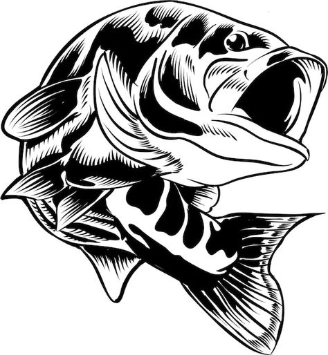 Largermouth bass fish black and white il... | Premium Vector #Freepik #vector #bass-fishing #bass-fish #fishing-logo #fishing-silhouette Adventure Logo Design, Fishing Tattoo, Fishing Logo, Fish Background, Typography Logo Inspiration, Fish Silhouette, Adventure Logo, Bass Fish, Salmon Fish