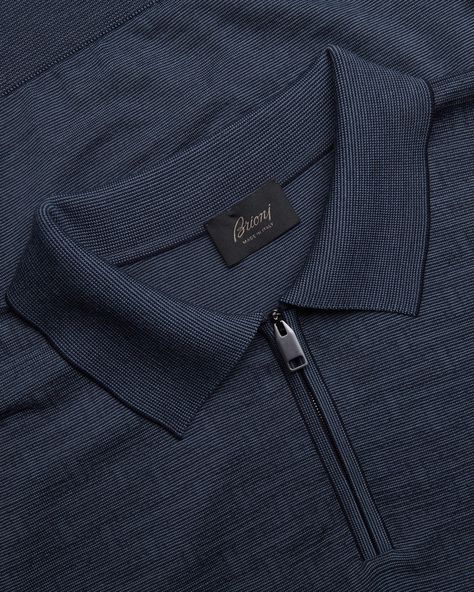 Brioni Regimental Zip Polo. Understated perfection. _______ #union22 #brioni #luxurypolos Luxury Jacket Men, Polo T Shirt Design, Money Aesthetics, Luxury Jacket, Zip Polo, Africa Art, Homer Simpson, Fashion Suits For Men, Mens Fashion Classy