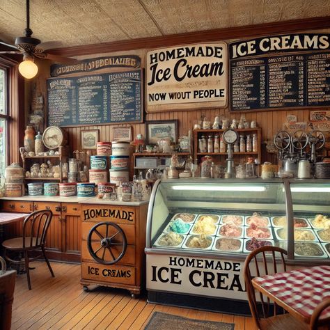 Country Ice Cream Shop, Ice Cream Display Counter, Vintage Candy Shop Aesthetic, Ice Cream Shop Outside, Ice Cream Shop Interior Design, Miniature Ice Cream Shop, Vintage Ice Cream Shop, Old Fashioned Sweet Shop, Town Bloxburg