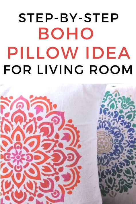 Diy Boho Living Room, Diy Painted Floors, Stenciled Pillows, Accent Wall Stencil, Easy Pillows, Creative Pillows, Mandala Pillows, Cute Diy Projects, Mandala Stencils