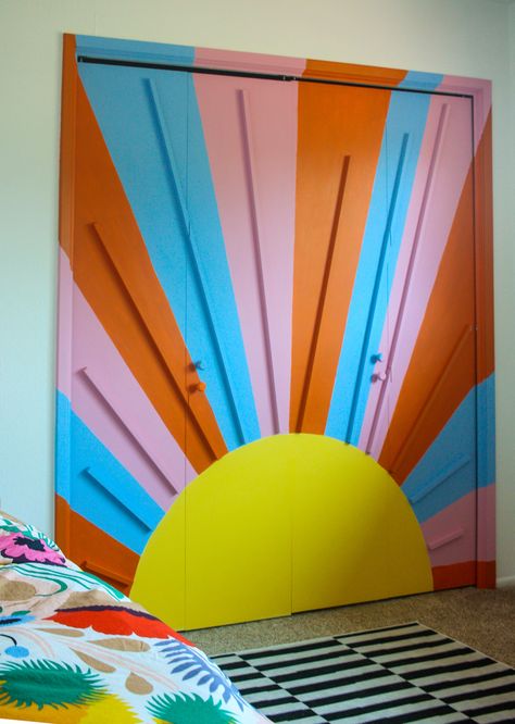 DIY Closet Door Mural (Rainbow Sunburst) - DIY, I'm Home Diy Closet Door, Diy Closet Doors, Painted Closet, Door Mural, Painted Door, North Rhine Westphalia, Door Murals, Closet Door, Diy Closet