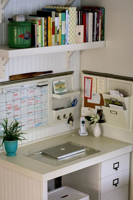 organized desk space. Love THIS. And is that whooping board I see above the calendar? Essential, for sure. Mail Sorters, Kitchen Desks, Health Store, Esthetician Room, Office Nook, Desk Areas, Desk Ideas, Office Crafts, Small Home Office