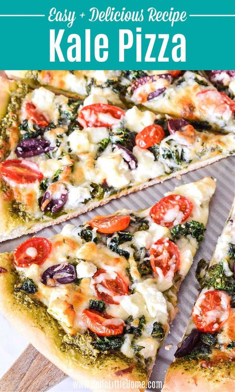 Learn how to make the BEST Kale Pizza! This delicious, easy Kale Pesto Pizza Recipe is made with simple, fresh ingredients: Homemade Kale Pesto and a garlicky sautéed Kale Topping, plus Tomatoes, Olives, Mozzarella, and Feta Cheese. If you’ve never had Kale on Pizza before, then you need to try this scrumptious Green Pizza with Pesto. This tasty Vegetarian Pizza is sure to become a favorite Veggie Pizza Recipe, especially if you’re a Kale Lover! | Hello Little Home Kale Pizza Recipes, Veggie Recipes Breakfast, Pizza With Tomatoes, Pizza With Pesto, Healthy Homemade Pizza, Kale Pizza, Pesto Pizza Recipe, Vegetarian Pizza Recipe, Green Pizza